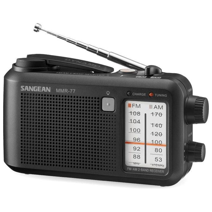 Sangean MMR-77-MB MMR-77 Radio Portatile Analogica FM AM con Manovella Dinamo Torcia Integrata Ricaricabile Antispruzzo Alimentazione Batteria Rete colore Nero