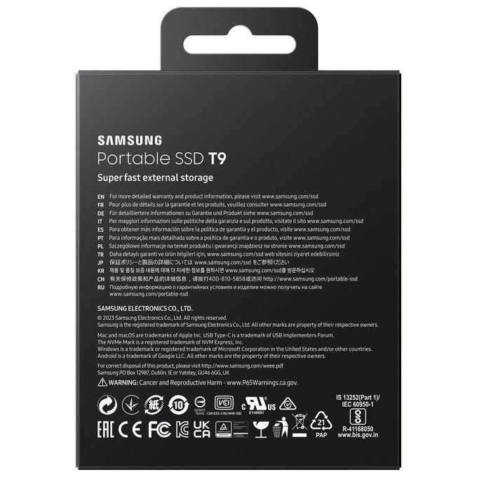 Samsung MU-PG2T0B-EU Portable SSD T9 SSD Portatile 2 TB USB 3.2 Gen 2x2 fino a 2000 MB-s colore Nero