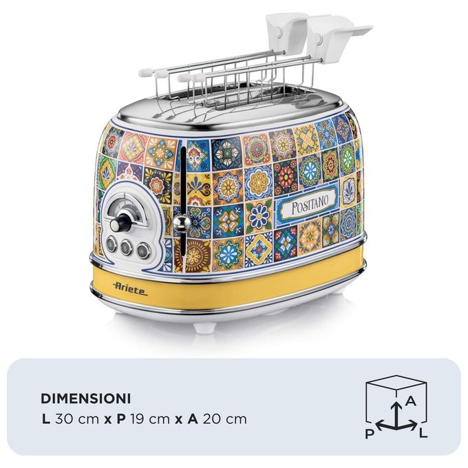 Ariete 00C01550PAR0 Positano Tostapane 2 Fette 810W 6 Livelli di Doratura Funzione Defrost Espulsione Automatica colore Giallo Blu