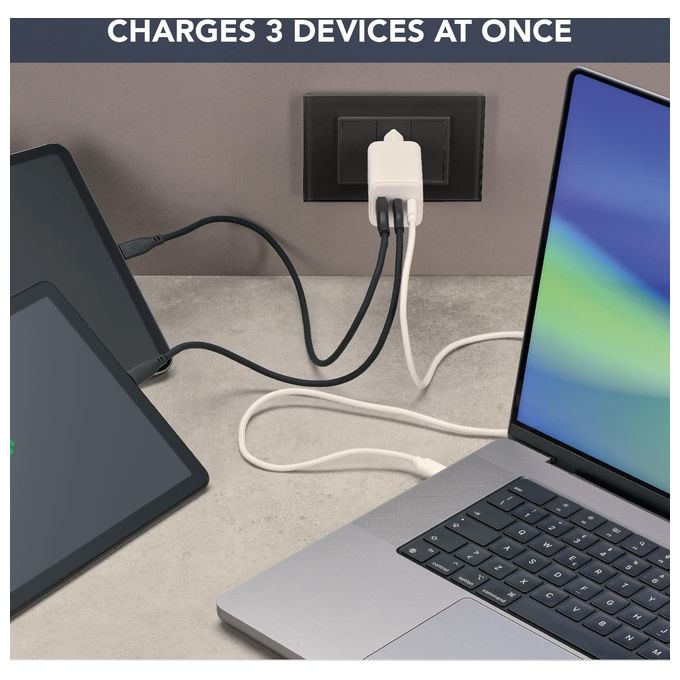 Cellularline ACHKITC2CGAN65TABW Multipower Caricabatterie da Rete 65W con Tecnologia GaN 3 Porte USB-C e USB-A Cavo Incluso 100 cm colore Bianco