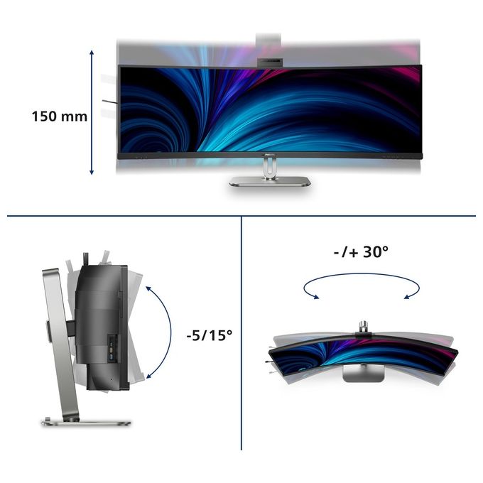 Philips 49B2U6900CH Monitor PC Curvo 49'' Dual QHD 5120x1440 USB-C 100W Webcam 5MP Hub USB DisplayPort HDMI colore Nero