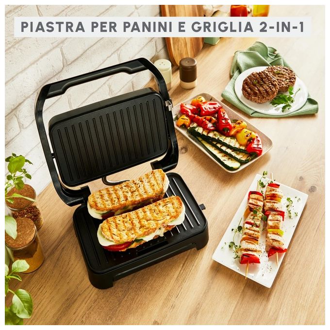 Moulinex GI270D10 Inicio Compact Grill per Panini 2 in 1 Piastre Antiaderenti Vassoio Raccogligocce 1000 W colore Nero