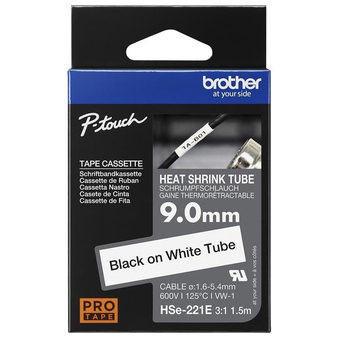 Brother HSE221E Guaina Termorestringente 9 mm Nero su Bianco