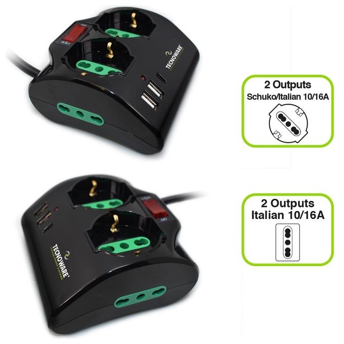Tecnoware Power Systems Multipresa Power Cleaner 4 2 Uscite Schuko-Italia 10-16A 2 Uscite Italia 2 USB-A 1 USB-C Power Delivery QC 3.0 Protezione Bambini Design Salvaspazio