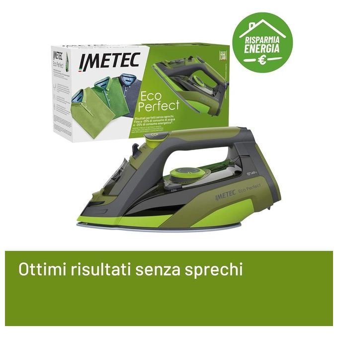Imetec 9017 Eco Perfect Ferro da Stiro a Vapore 2400W Piastra Pro Ceramic Colpo Vapore 160g Serbatoio 300ml Tripla Protezione Anticalcare colore Verde Grigio