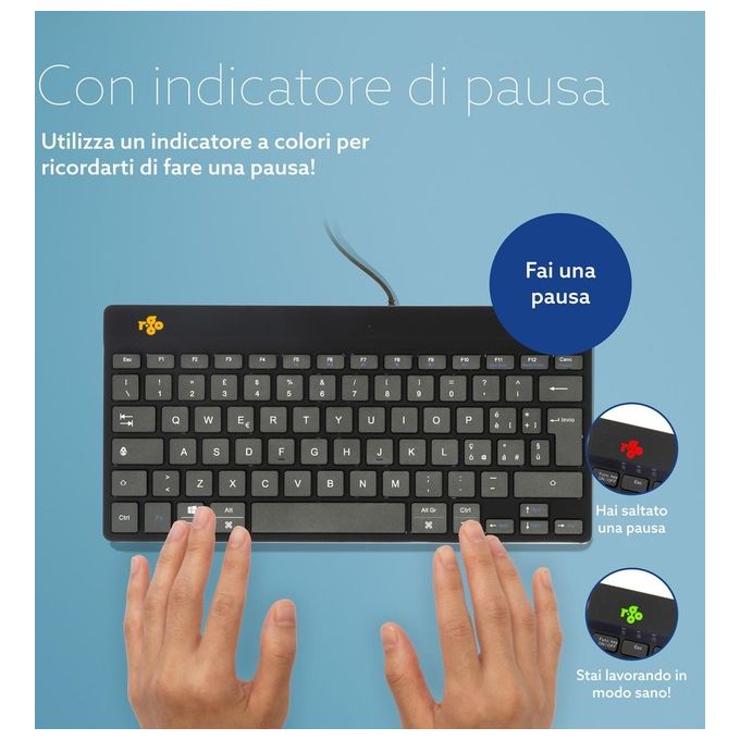 R-Go Tools RGOCOITWDBL R-Go Compact Break Tastiera Ergonomica Cablata USB-C QWERTY Italiano con Software Break LED Integrato colore Nero