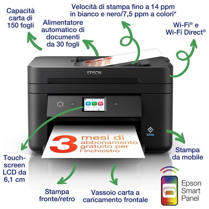 Epson C11CK60403 WorkForce WF-2960DWF Stampante Multifunzione Inkjet A4 Fronte Retro ADF WiFi Ethernet Display Touch 6.1'' AirPrint colore Nero