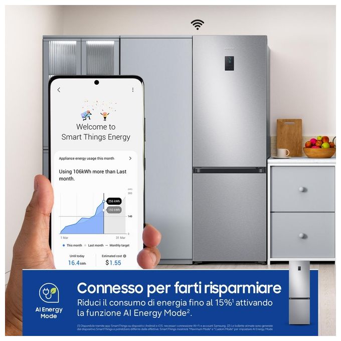 Samsung RB34C675DSA EcoFlex AI Frigorifero Combinato 344 L 185 cm Classe D 35 dB No Frost Wi-Fi Display Touch colore Acciaio Inossidabile