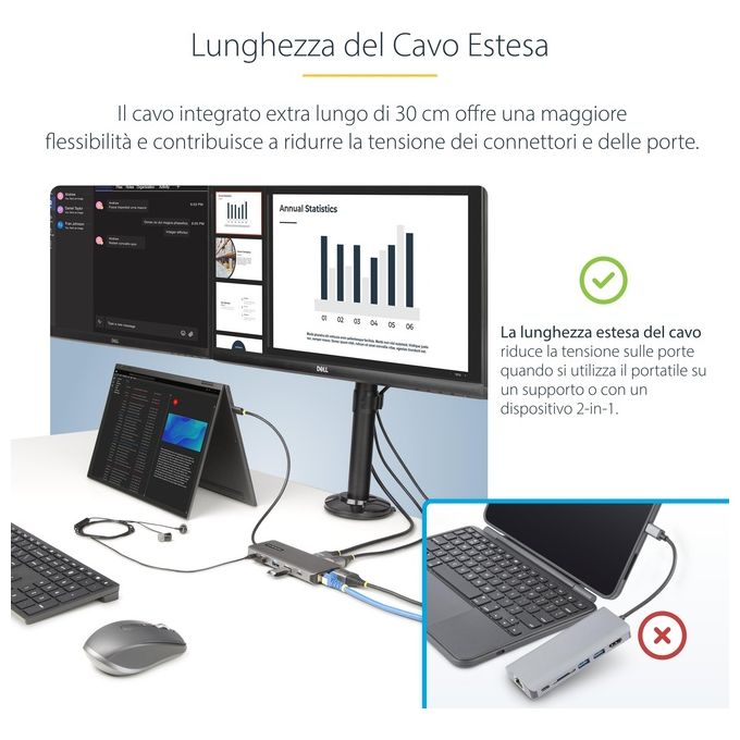 StarTech 154B-USBC-MULTIPORT Adattatore multiporta USB-C Triplo 4K 2x DisplayPort 1.4 HDMI 2.0b 4x USB-A 100W PD GbE Lettore SD MicroSD colore Grigio