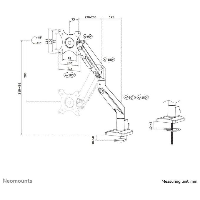 Neomounts W128881660 DS70-250WH1 Supporto da Scrivania per Monitor 17''-35'' Portata 9 Kg Regolazione Altezza 21,5-49,5 cm con Molla a Gas colore Bianco