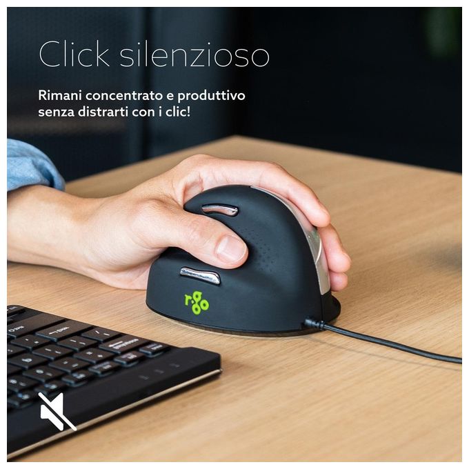R Go Tools RGOHELE Mouse Verticale Ergonomico per Mancini con Cavo Risoluzione Regolabile fino a 2400 dpi 5 Pulsanti Programmabili USB Type-A colore Nero con Argento