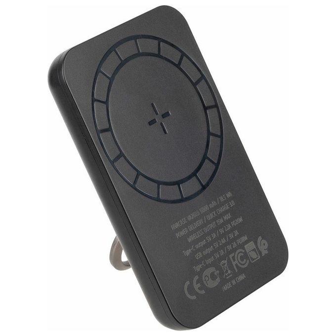 Rivacase VA2603 Power Bank 5000 mAh MagSafe Qi 15W Ricarica Rapida QC 3.0 USB-A USB-C colore Nero