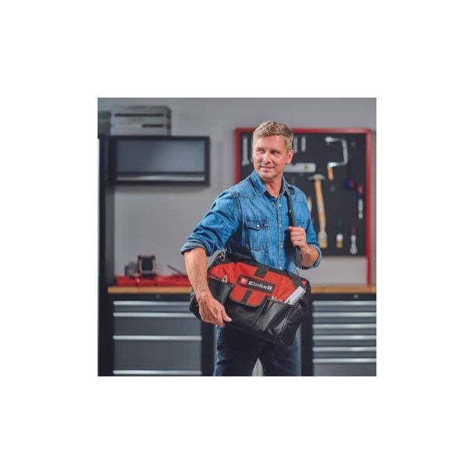 Einhell 4530074 Borsa Portautensili 45x22x29 cm con Base Rinforzata 8 Tasche Esterne 4 Interne Compatibile Power X-Change colore Nero-Rosso