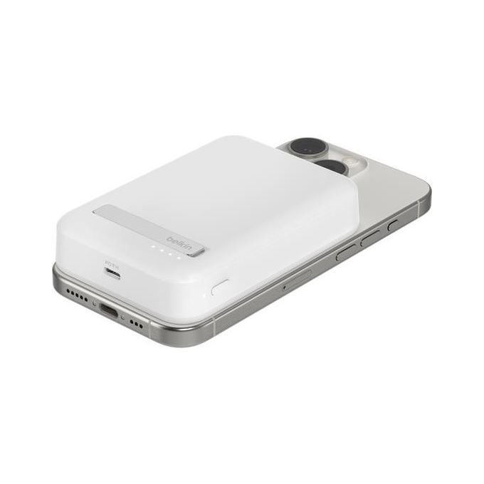 Belkin BPD008 BoostCharge Pro Power Bank Wireless 10000 mAh Qi2 15 W con Supporto Integrato e Ricarica Passante colore Bianco