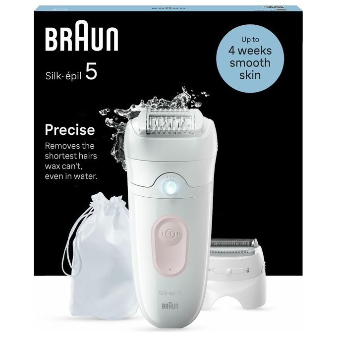 Braun SE5030 Silk-Épil 5 Epilatore Elettrico Donna 28 Pinzette MicroGrip Wet Dry Rullo Massaggiante 40 min colore Bianco Rosa