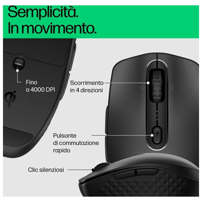 HP 8F1Y4AA 695 Mouse Wireless Ricaricabile Bluetooth 4000 DPI 7 Tasti Ambidestro colore Nero