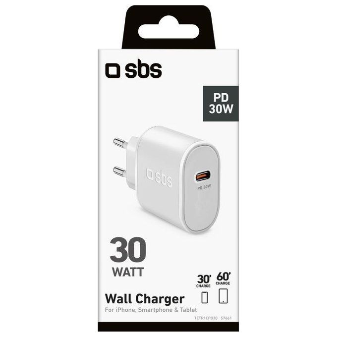 SBS TETR1CPD30 Caricabatterie da Muro USB-C Power Delivery 30W Ricarica Rapida Presa Europea colore Bianco