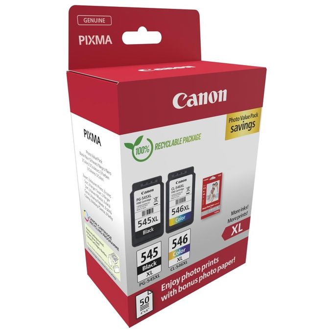 Canon 8286B011 Value Pack Cartucce Originali PG-545XL CL-546XL 2 pz 50 fogli carta fotografica 10x15 cm colore Nero Ciano Magenta Giallo