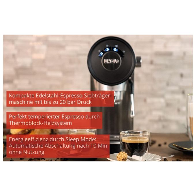 Unold 28636 Piccopresso Macchina da caffe' Espresso 0,9 L 20 bar 1360 W con Montalatte e Funzione Acqua Calda colore Acciaio inox-Nero