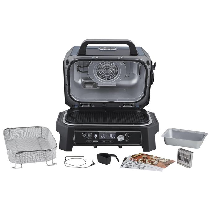 Ninja OG901EU Woodfire Pro Connect XL Barbecue Elettrico 7 in 1 Griglia Affumicatore Friggitrice ad Aria 1700W App Wi-Fi IPX4 colore Nero