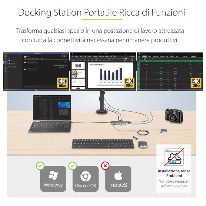 StarTech 154B-USBC-MULTIPORT Adattatore multiporta USB-C Triplo 4K 2x DisplayPort 1.4 HDMI 2.0b 4x USB-A 100W PD GbE Lettore SD MicroSD colore Grigio