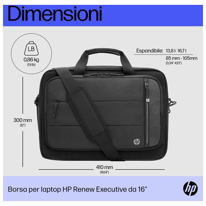 HP 6B8Y2AA Renew Executive Borsa a tracolla per laptop 40,9 cm (16.1'') resistente all'acqua in poliestere con materiale esterno 100% plastica riciclata colore Nero