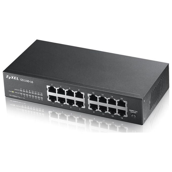 Zyxel GS1100-16 Switch Non Gestito 16 Porte Gigabit Ethernet 10-100-1000 32 Gbit-s Fanless Desktop Rack
