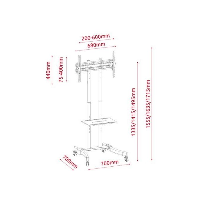 G.B.S. Elettronica 41882 PRO-3770 Supporto Universale da Terra per TV 37'' a 70'' VESA 600x400 mm Altezza Regolabile con Ruote colore Nero