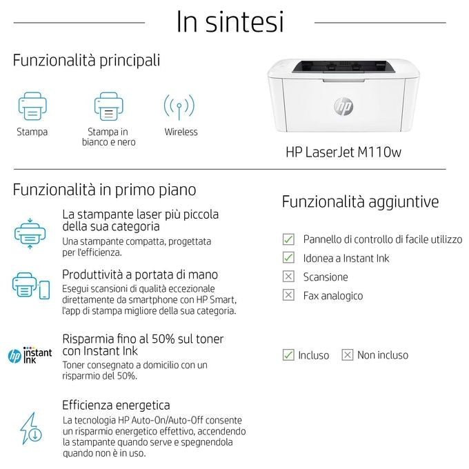 HP 7MD66F#B19 LaserJet M110w Stampante Laser A4 Monocromatica 20 ppm 600x600 DPI Wi-Fi Wi-Fi Direct USB colore Bianco