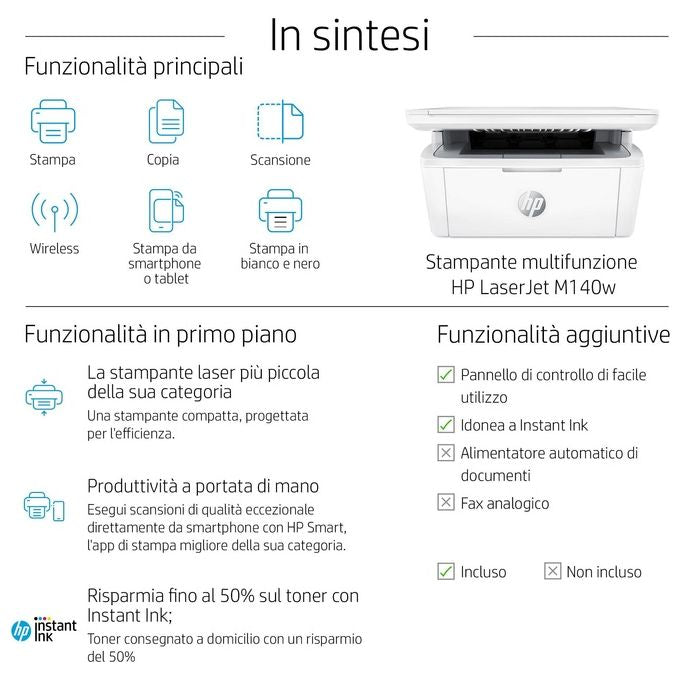 HP 7MD72F LaserJet M140w Stampante Multifunzione Laser A4 Mono 20 ppm 600x600 DPI Wi-Fi Bluetooth colore Bianco