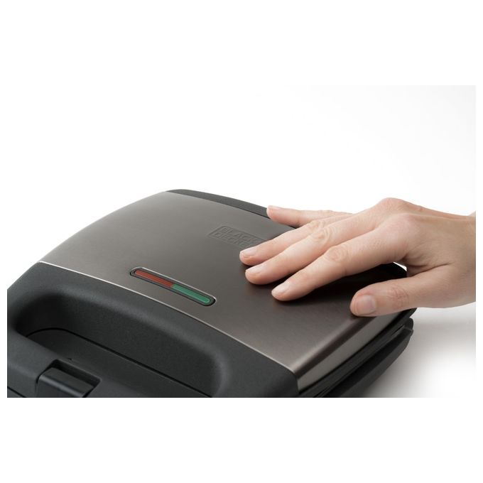 Black+decker BXSA751E Tostiera per Panini 750W Piastre Quadrate Antiaderenti Indicatore Luminoso colore Nero Metallico