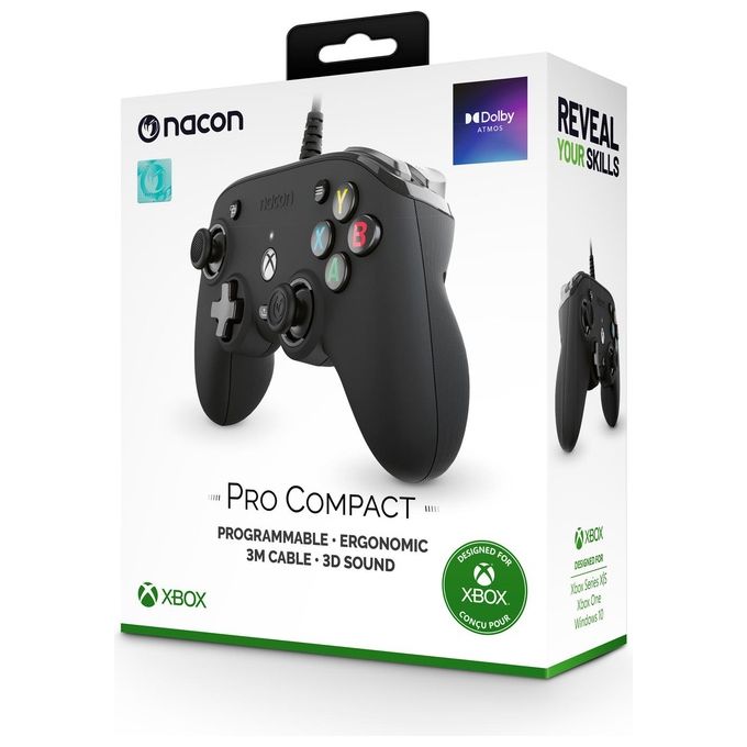NACON XBXANCB Pro Compact Controller Cablato per Xbox e PC Personalizzazione Completa tramite App 3 m Cavo USB Intrecciato Supporto Dolby Atmos colore Nero