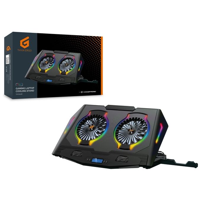 Conceptronic THYIA02B ERGO Supporto di Raffreddamento per Laptop da Gioco con 2 Ventole 17'' RGB 40 Kg di Carico colore Nero