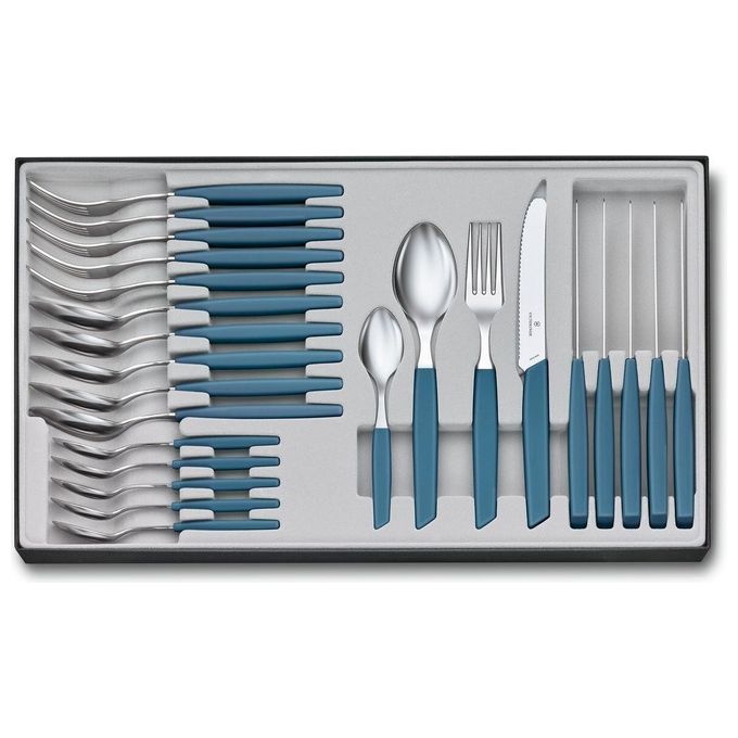Victorinox 6.9096.11W2.24 Swiss Modern Posate da Tavola 24 Pezzi in Acciaio Inox 18-10 con Manici Blu Antiscivolo colore Blu