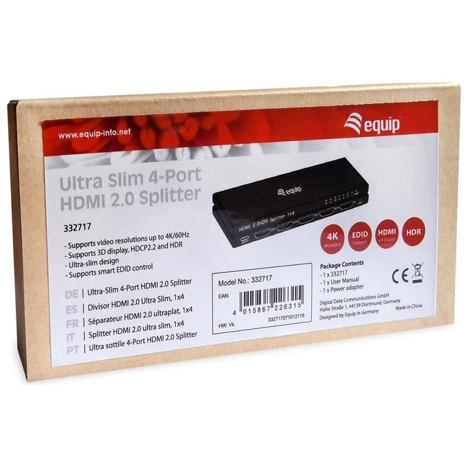 Conceptronic 332717 Splitter HDMI 2.0 a 4 porte con supporto 4K-60Hz HDR10 Dolby Vision alimentazione 5V-1A colore Nero