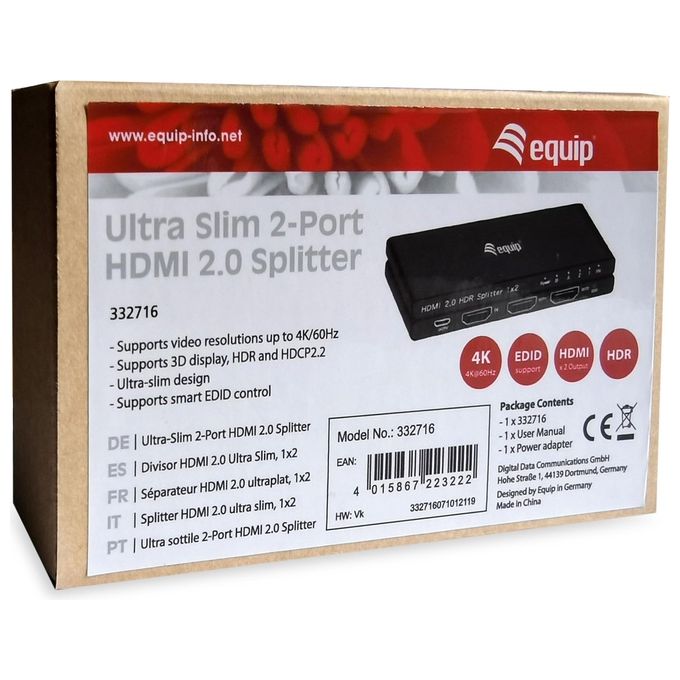 Equip 332716 HDMI Video Splitter 2 Porte HDMI 2.0 4K-60Hz HDR10 Dolby Vision Alimentazione Inclusa colore Nero