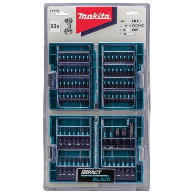 Makita E-03109 Impact Black Set di punte 90 pezzi in acciaio S2 con portabit magnetico e chiavi esagonali colore Nero