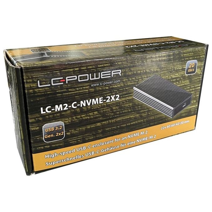 LC-Power LC-M2-C-NVME-2X2 Box Esterno SSD M.2 NVMe USB 3.2 Gen 2x2 fino a 20 Gbit-s in Alluminio colore Nero