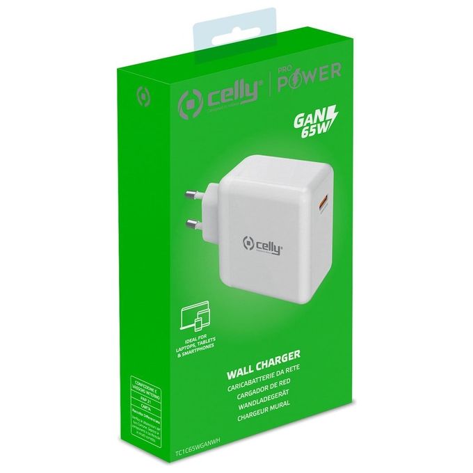 Celly TC1C65WGANWH Caricabatterie USB-C 65W GaN Power Delivery compatibile con Laptop Tablet Smartphone colore Bianco
