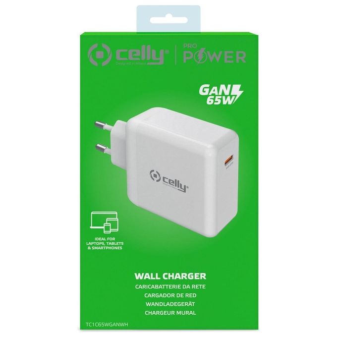 Celly TC1C65WGANWH Caricabatterie USB-C 65W GaN Power Delivery compatibile con Laptop Tablet Smartphone colore Bianco