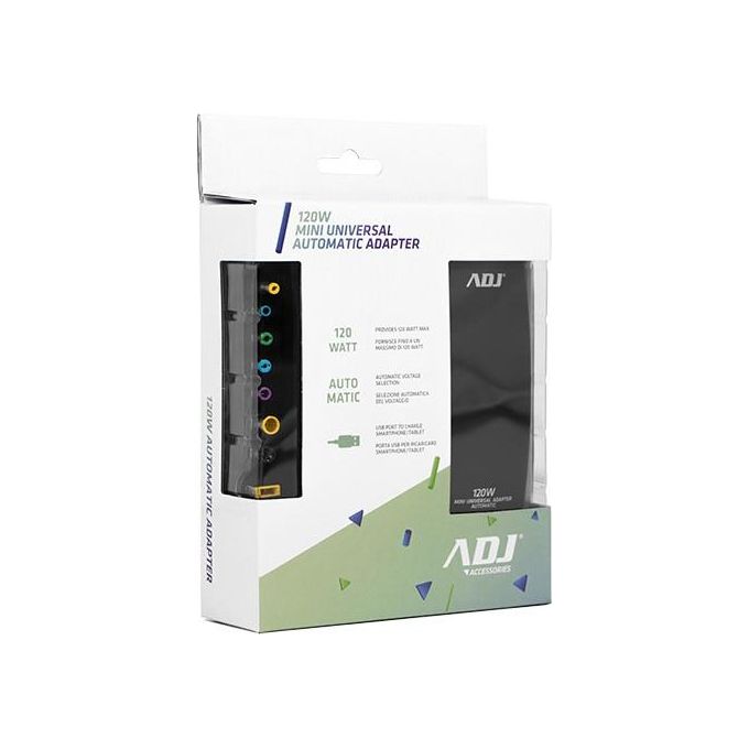 ADJ 160-00126 Alimentatore per Notebook Universale 120W 8 Connettori 3Pin Selezione Automatica Voltaggio Porta USB colore Nero
