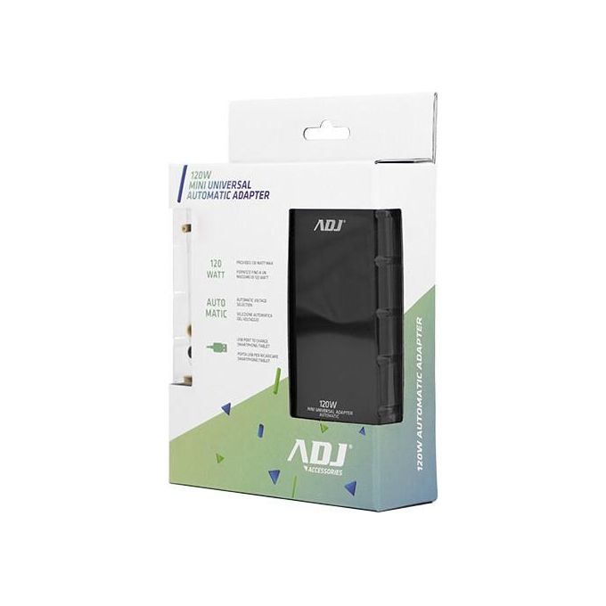 ADJ 160-00126 Alimentatore per Notebook Universale 120W 8 Connettori 3Pin Selezione Automatica Voltaggio Porta USB colore Nero