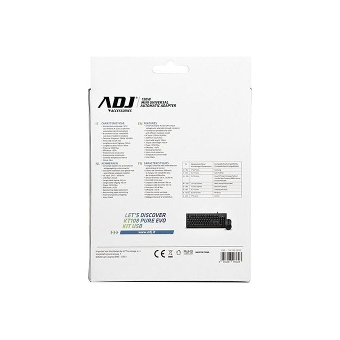 ADJ 160-00126 Alimentatore per Notebook Universale 120W 8 Connettori 3Pin Selezione Automatica Voltaggio Porta USB colore Nero