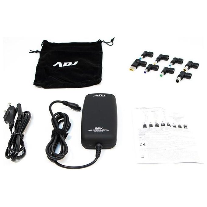 ADJ 160-00126 Alimentatore per Notebook Universale 120W 8 Connettori 3Pin Selezione Automatica Voltaggio Porta USB colore Nero