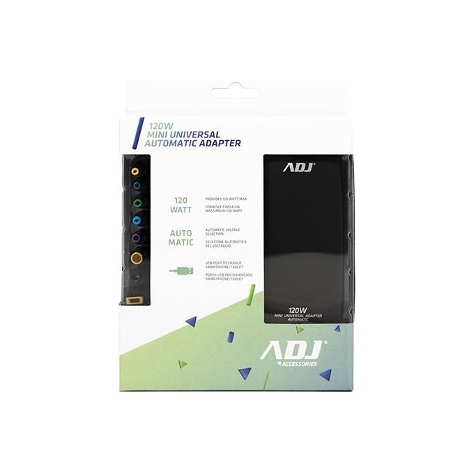 ADJ 160-00126 Alimentatore per Notebook Universale 120W 8 Connettori 3Pin Selezione Automatica Voltaggio Porta USB colore Nero