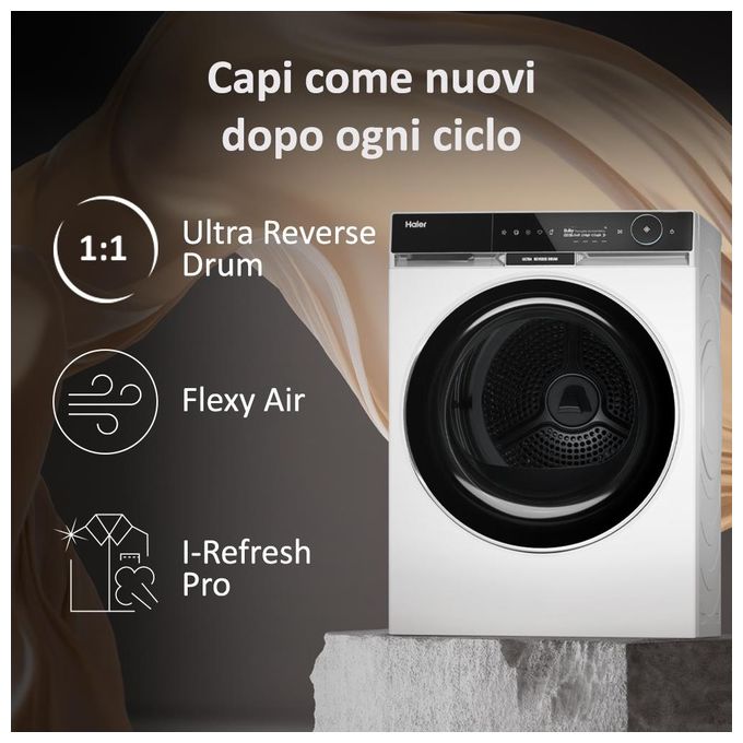 Haier HD90-A3Q397U1 X Serie 11 Asciugatrice Pompa di Calore 9 Kg Classe C Wi-Fi Inverter I-Refresh Pro (84x59x70 cm) colore Bianco