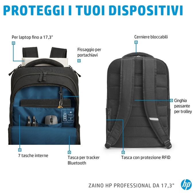 HP 500S6AA Professional Zaino per Notebook 17,3'' Poliestere Resistente all'Acqua 6 Scomparti Porta Bottiglia colore Nero