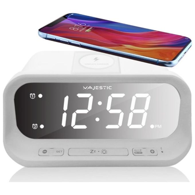 New Majestic 119236_WH SVE-236WI Sveglia digitale con display LED doppio allarme funzione snooze ricarica wireless e porta USB colore Bianco