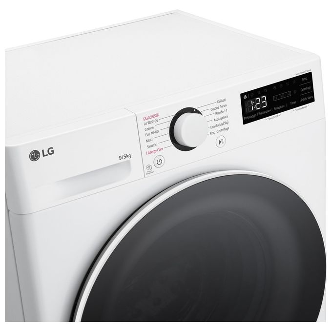 LG D2R5S09TSWW Lavasciuga Slim 9-5 Kg 1160 rpm Classe E AI DD TurboWash 360 Vapore Allergy Care (85x60x47,5 cm) colore Bianco