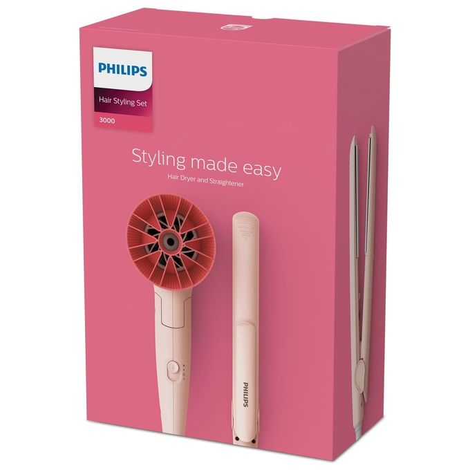 Philips BHP398-00 3000 Series Set per Styling dei Capelli 1600 W ThermoProtect ceramica 3 temperature piastra asciugacapelli colore Rosa